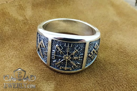 Slavic silver men's ring with the symbols "Vegvisir", "Bogovnik" and the rune "Good luck"